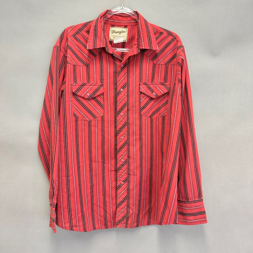 Wrangler Western Snap Shirt Red Black White Stripe‎ Mens XL Long Sleeve